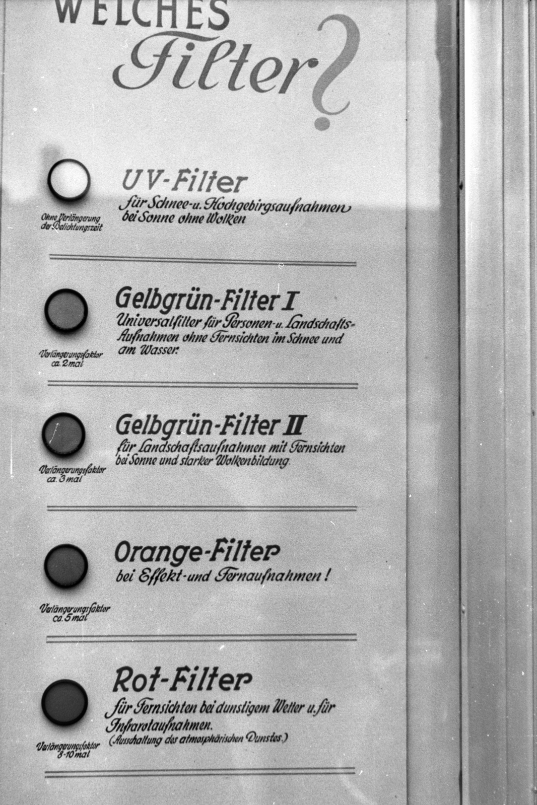 Werbeplakat für Kontrastfilter im Schaukasten eines Fotogeschäfts (1950; Foto: Dohm/StadtA Rt. S 105/5 Nr. 1403/09)